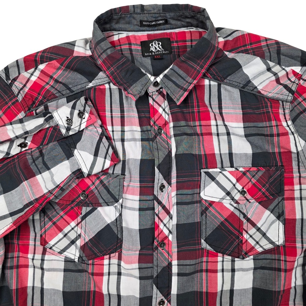 ROCK & REPUBLIC Mens Long Sleeve Plaid Button Up Shirt XXL Easy Care Fabric 2XL‎